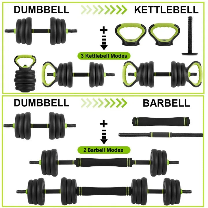 4-in-1 Adjustable Dumbbells, Barbell, Kettlebells, and Push-Up-Stand, 44 Pounds - DryoShop