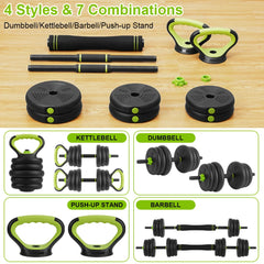 4-in-1 Adjustable Dumbbells, Barbell, Kettlebells, and Push-Up-Stand, 44 Pounds - DryoShop
